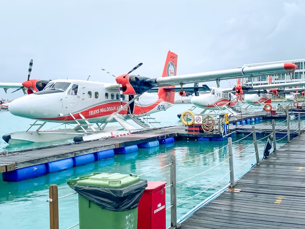 Seaplane floating on water in the Maldives