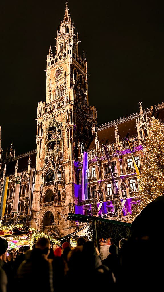 Marienplatz New Town Hall at night during Christmas season